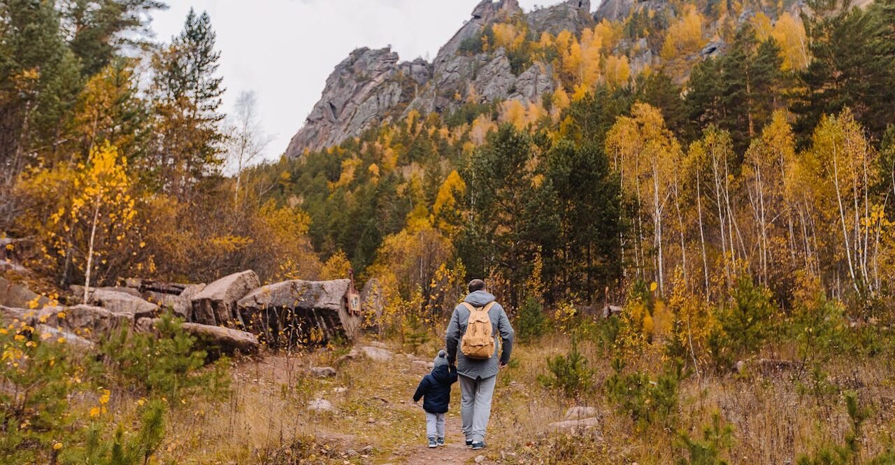 A family hiking in nature
